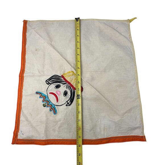 Vintage Embroidered Sad Clown Tea Towel Orange Yellow Trim Miercoles MX 16x18 - Picture 15 of 15